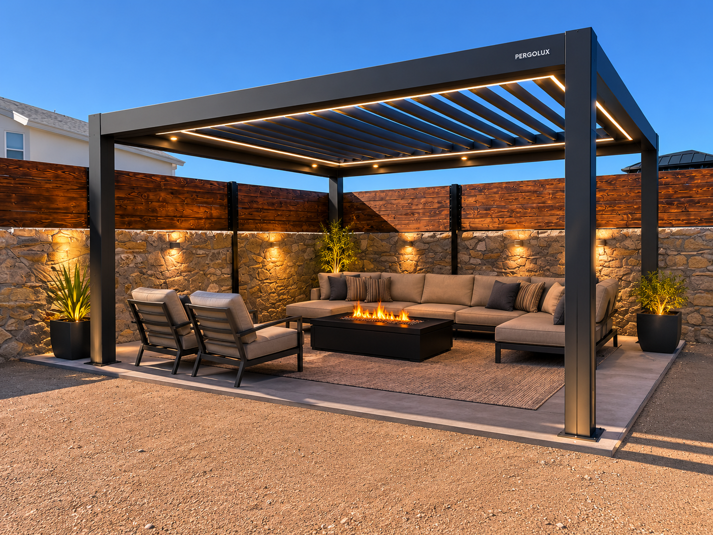 Louvered pergola with LED lighting